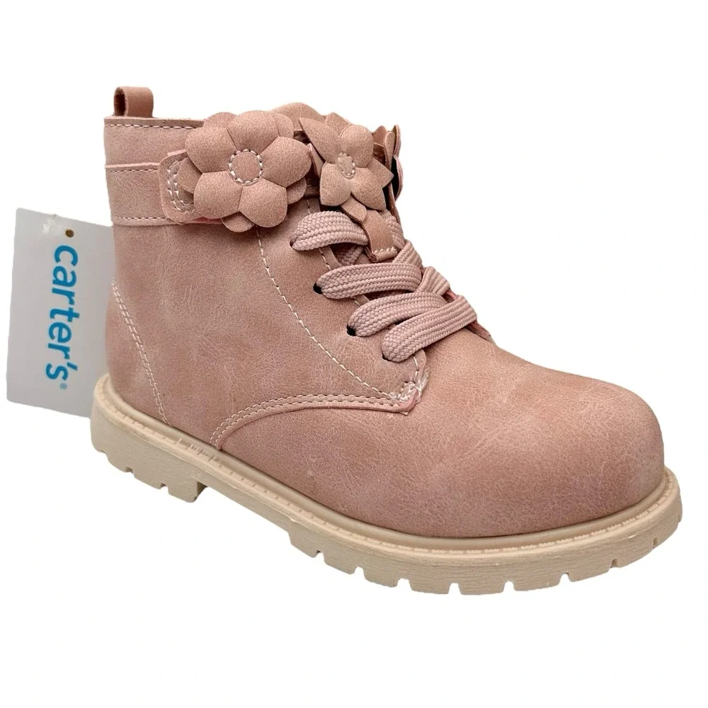 Carters Little Girls Slip-on Combat Ankle Boots Size‎ 12 Rose Pink Flower Strap